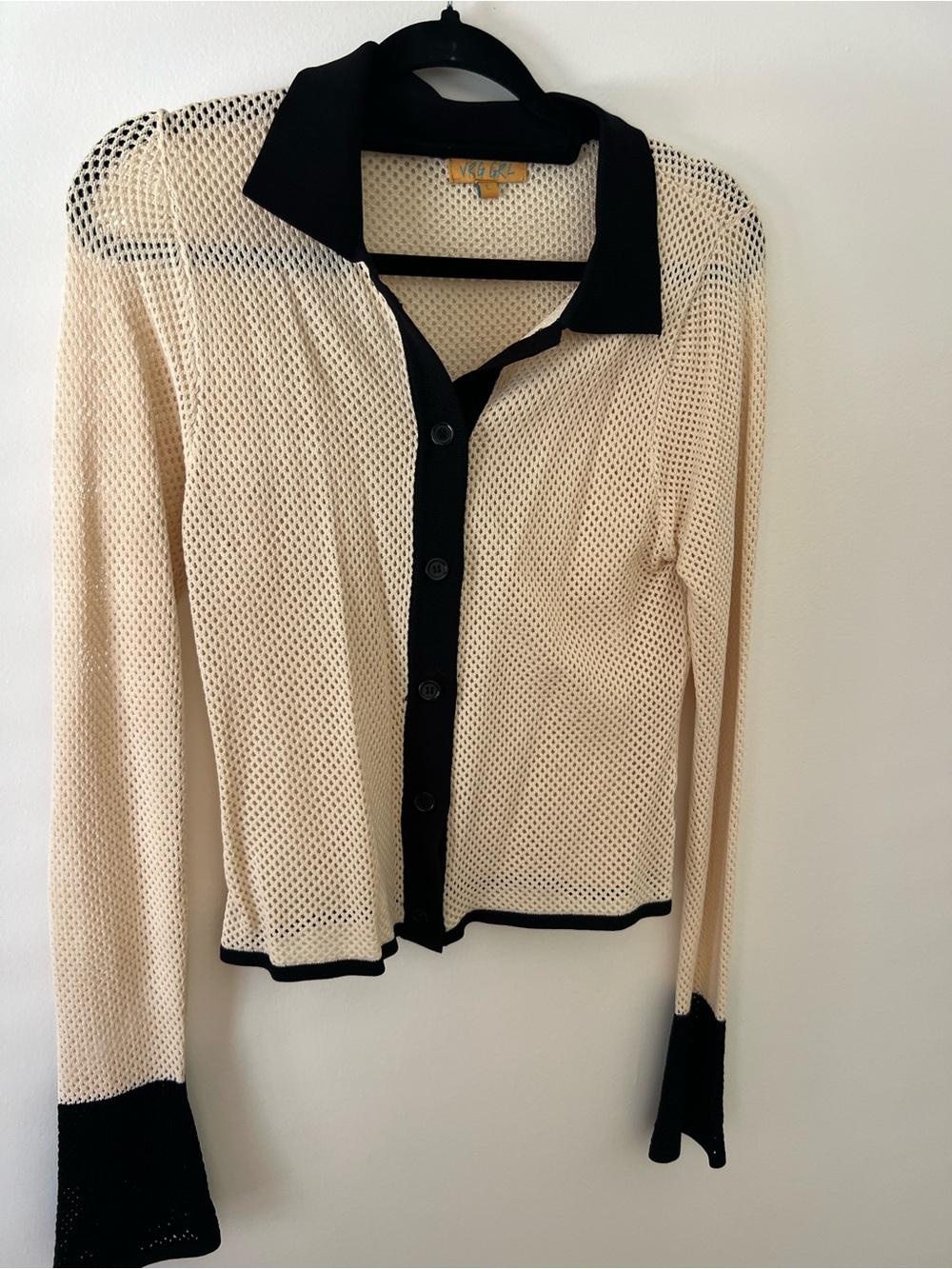 VRG Girl Vintage-Inspired Beige Mesh Button-Up Top with Black Trim